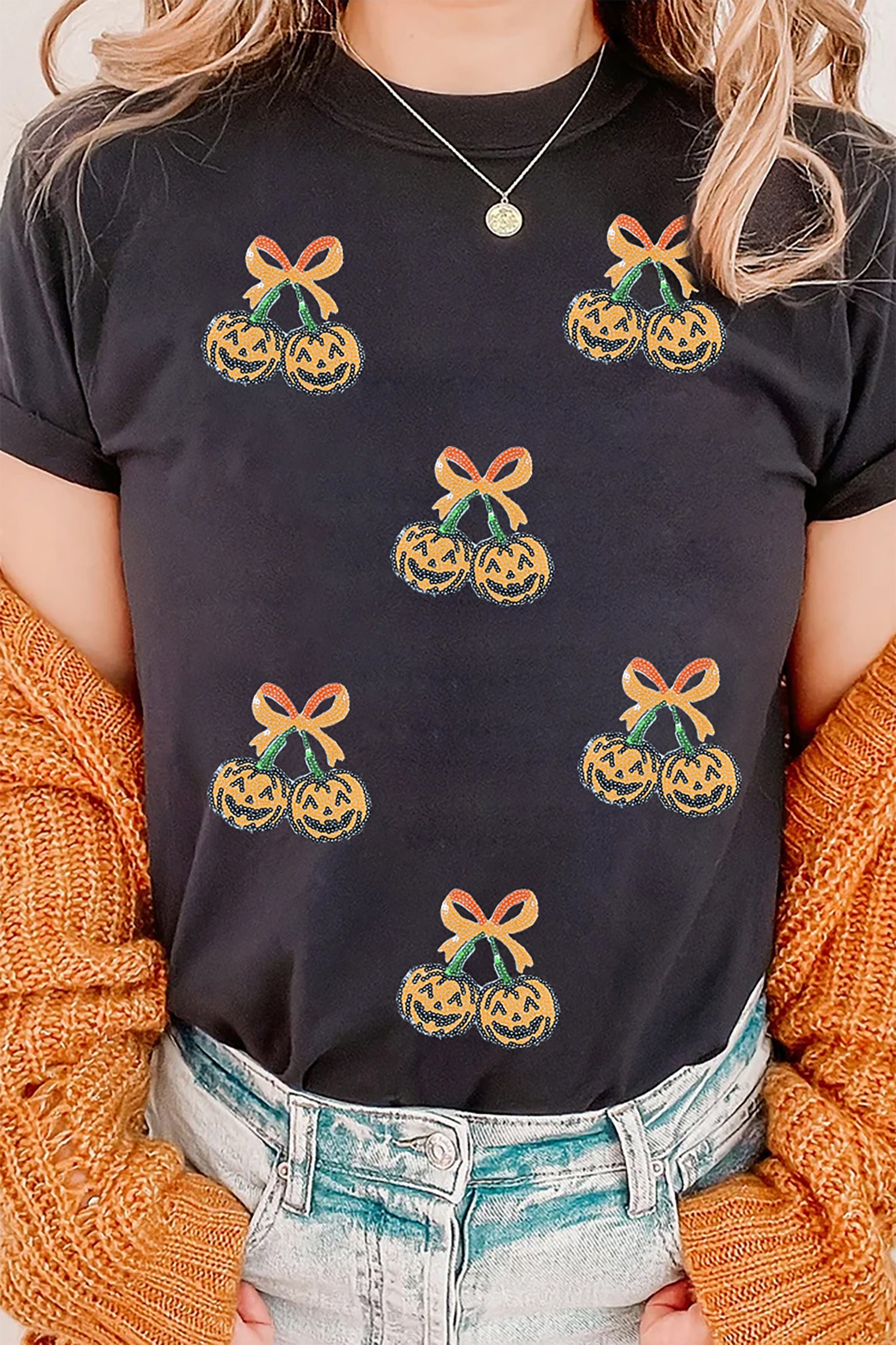 Black Sequin Pumpkin Cherry Graphic Round Neck Casual T Shirt
