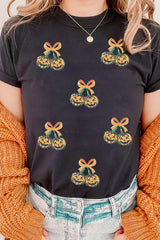 Black Sequin Pumpkin Cherry Graphic Round Neck Casual T Shirt