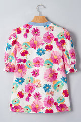 Beige Floral Print Short Puff Sleeve Striped Trim V Neck Blouse