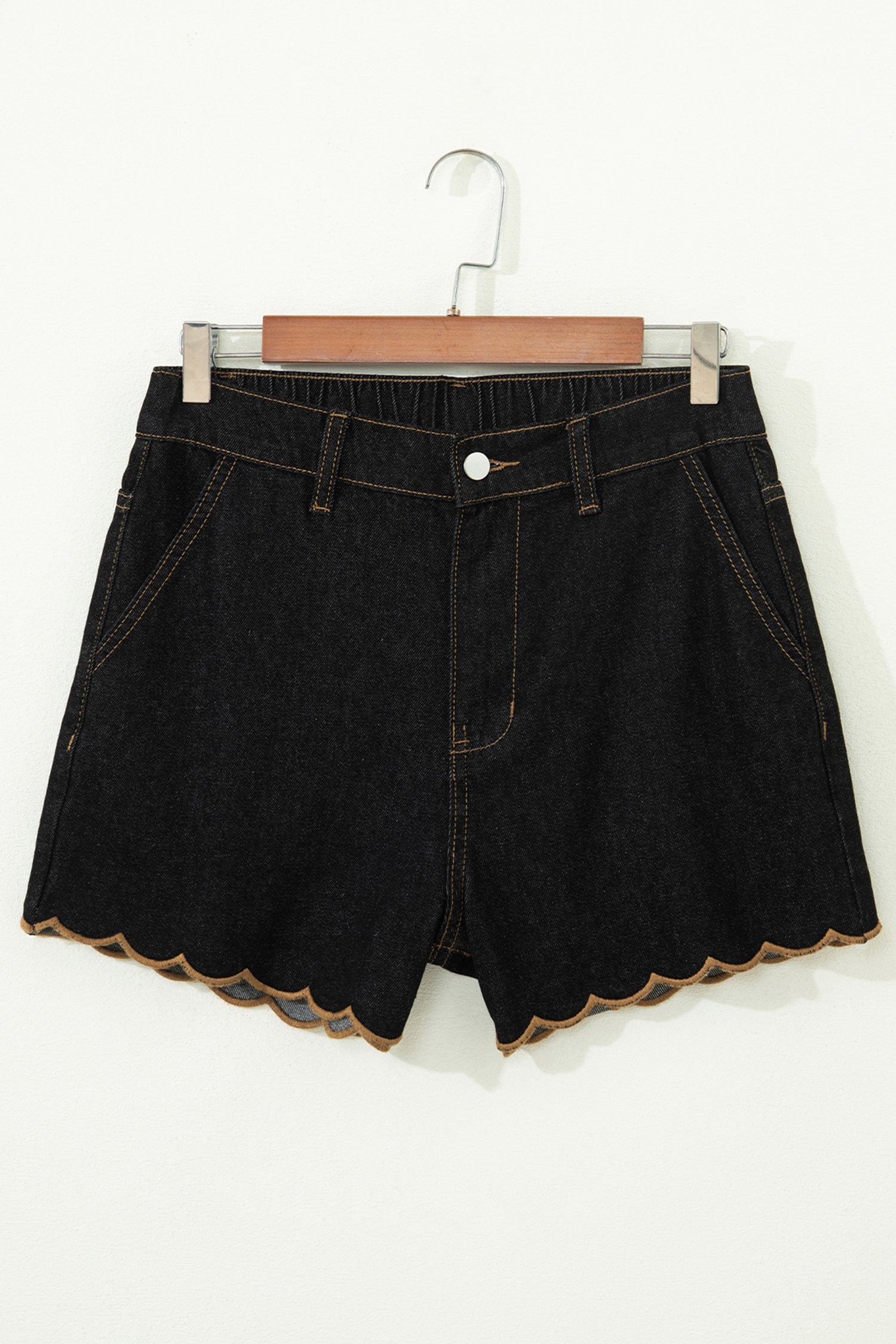 Black Embroidered Scalloped Trim Relaxed Denim Shorts