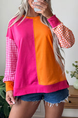 Rose Red Colorblock Gingham Sleeve Crewneck Sweatshirt