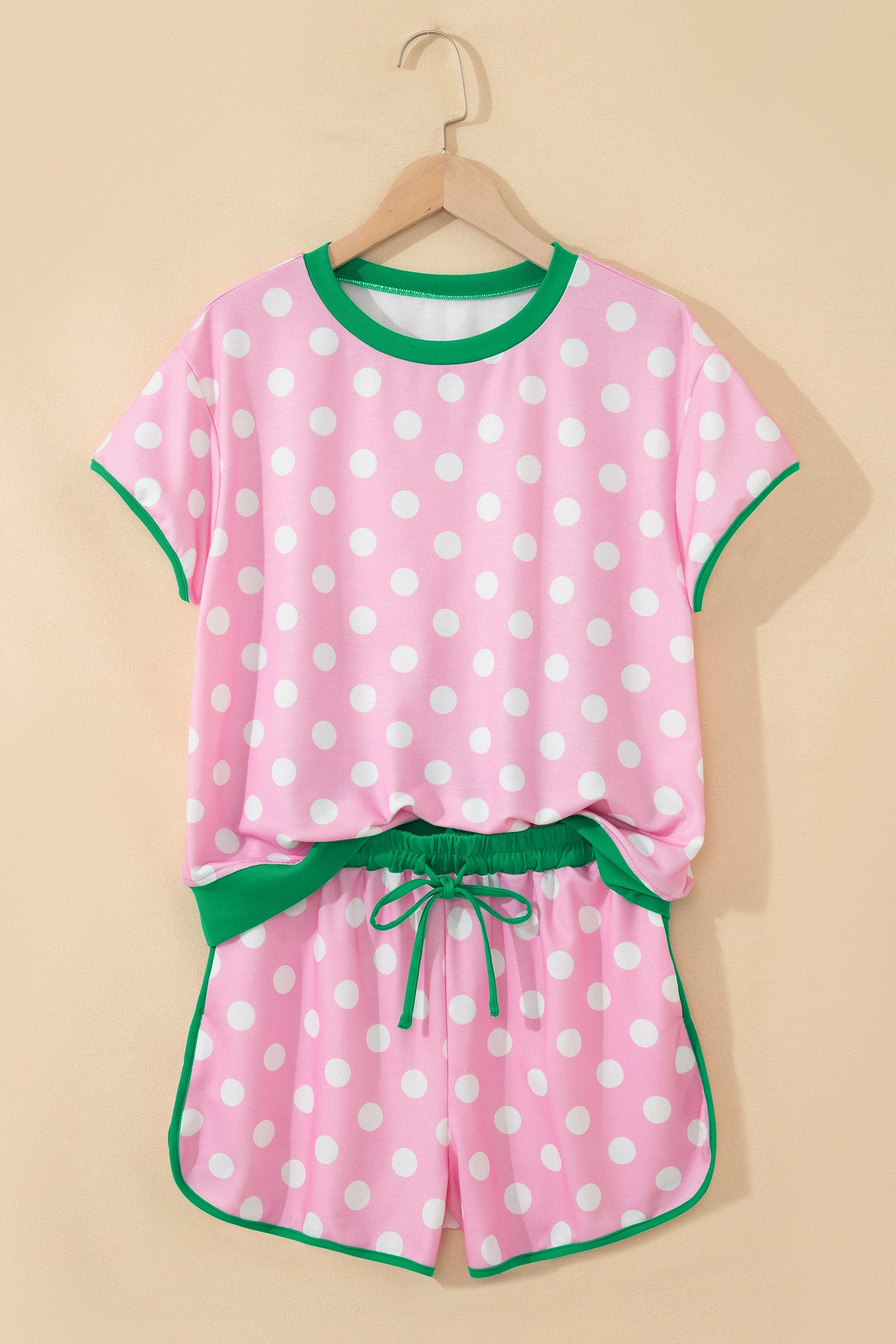 Pink Polka Dot Contrast Edge Casual Short Set