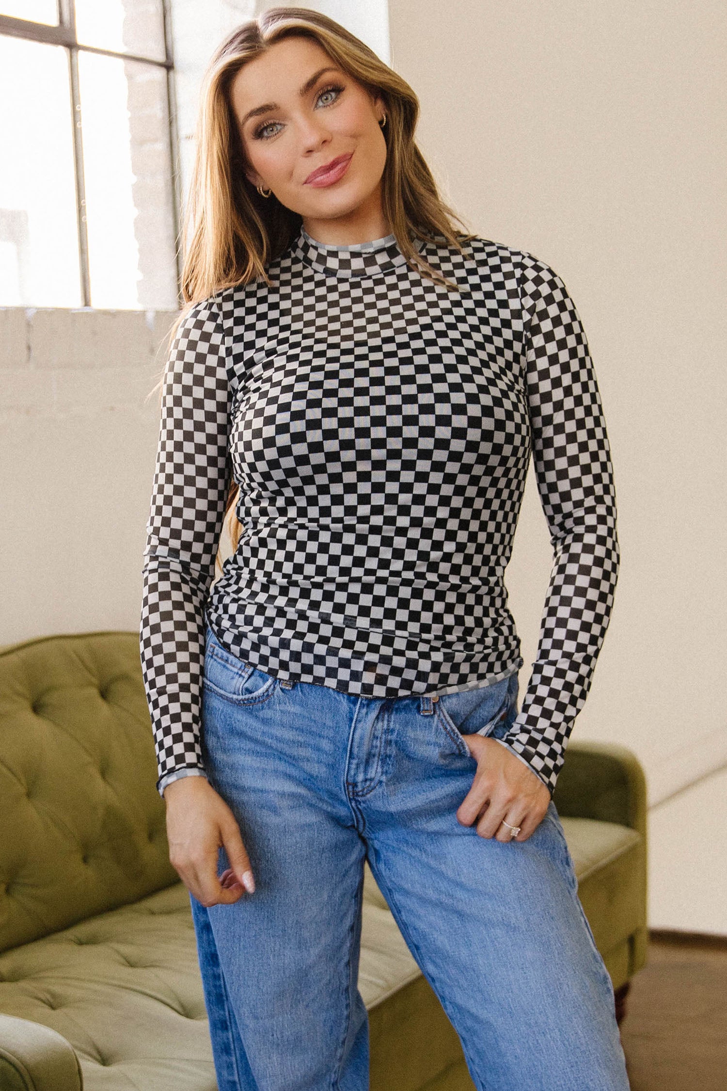 Black Plaid Stand Neck Long Sleeve Mesh Top