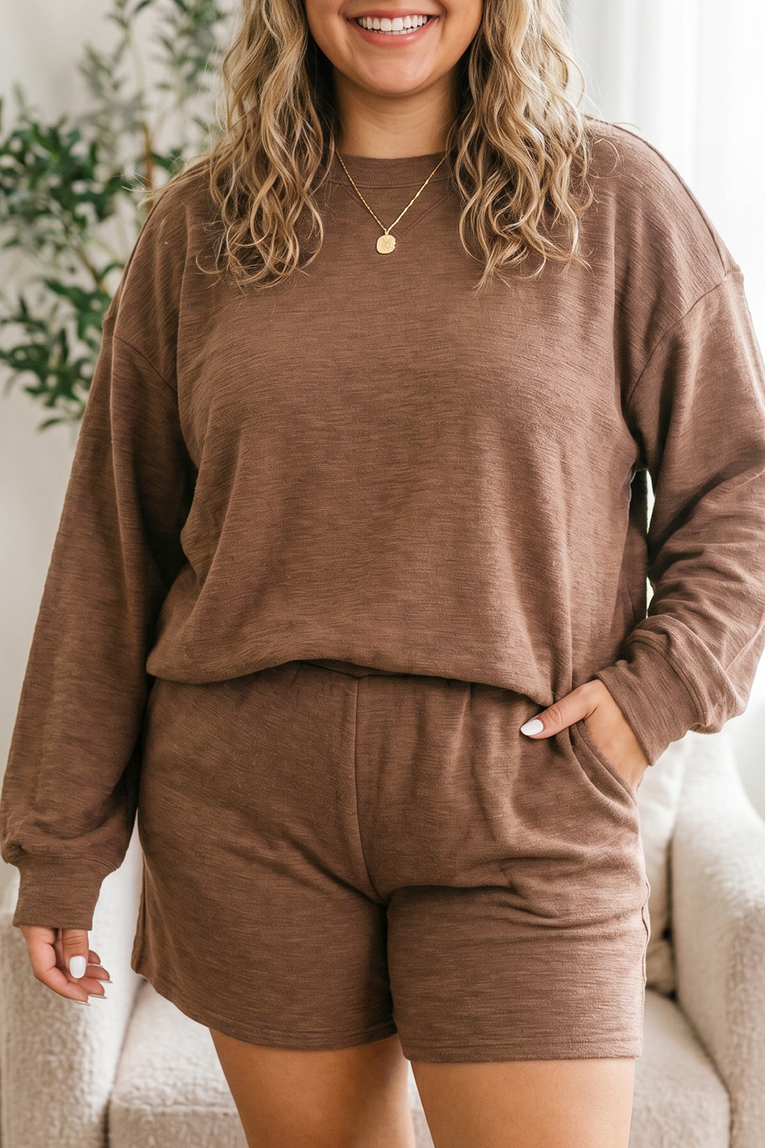 Chestnut Drop Shoulder Long Sleeve Top Elastic Waist Shorts Plus Size Set