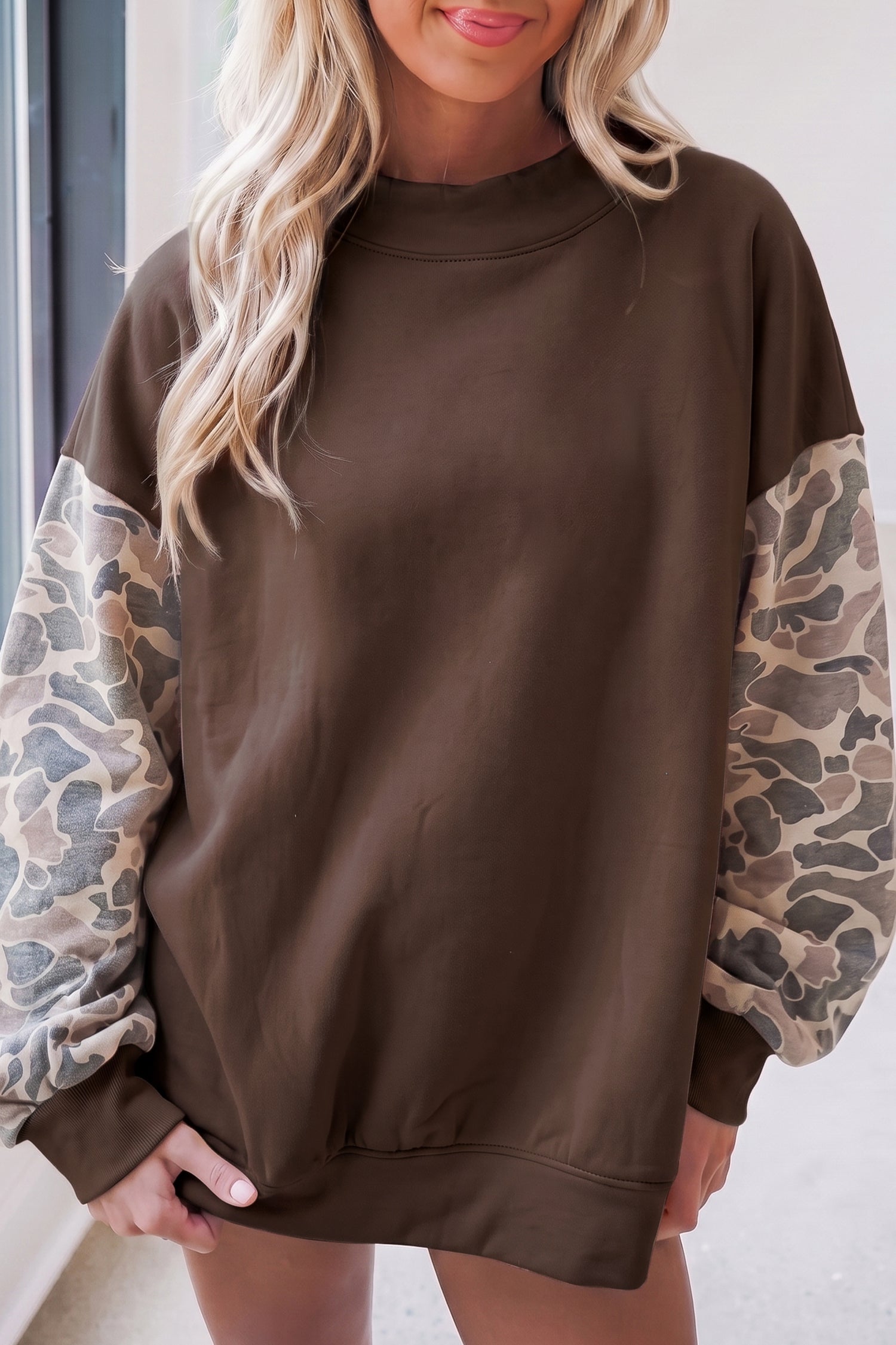 Coffee Camouflage Sleeve Crewneck Baggy Pullover Sweatshirt