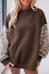 Coffee Camouflage Sleeve Crewneck Baggy Pullover Sweatshirt