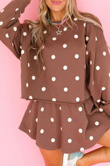 Brown Polka Dot Raw Hem Relaxed Pullover Loose Skort Two Piece Set