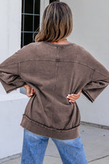 Dark Brown 3/4 Sleeve Mineral Wash Loose Cotton Top