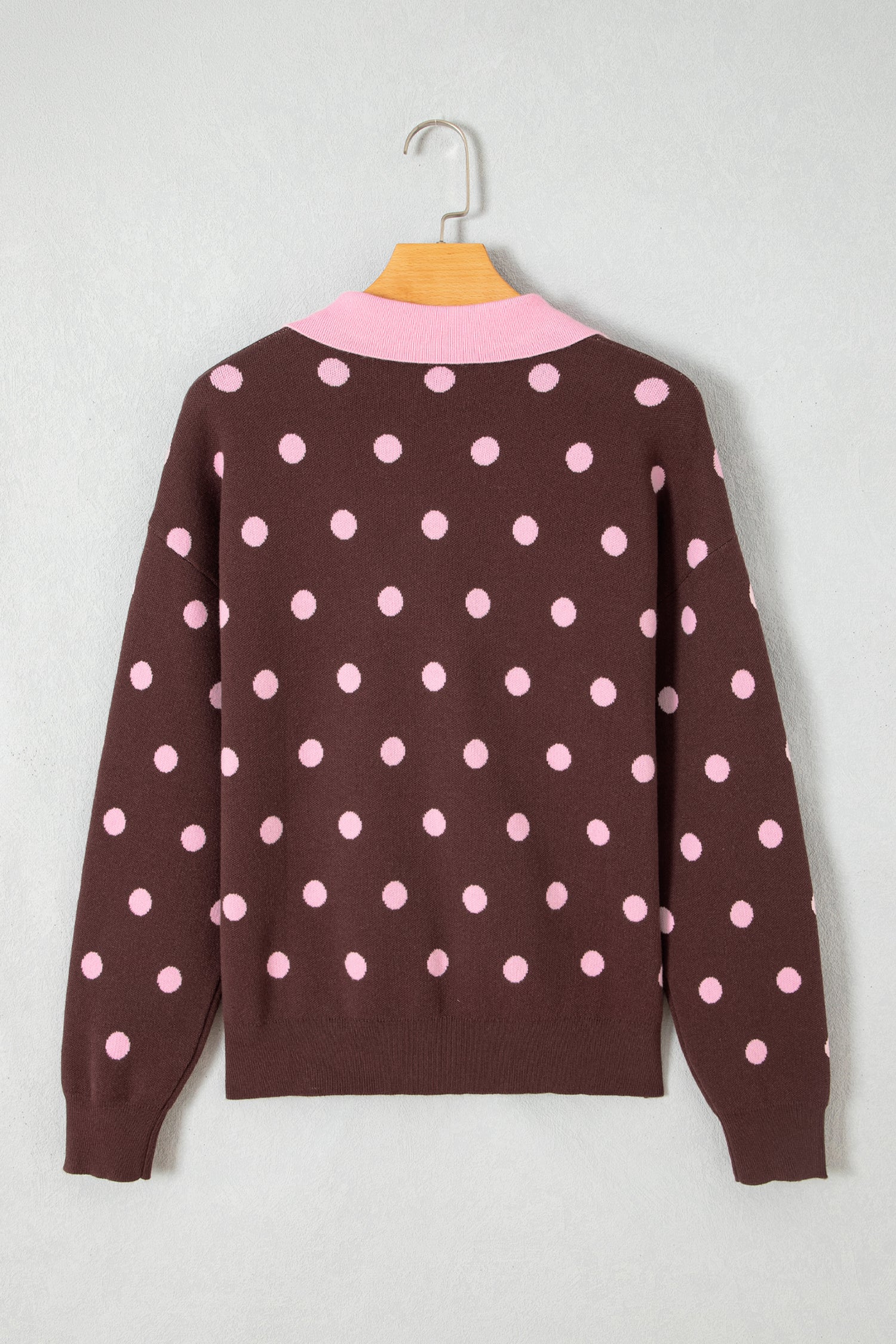 Pink Polka Dot Pattern Color Block Collared Loose Pullover Sweater
