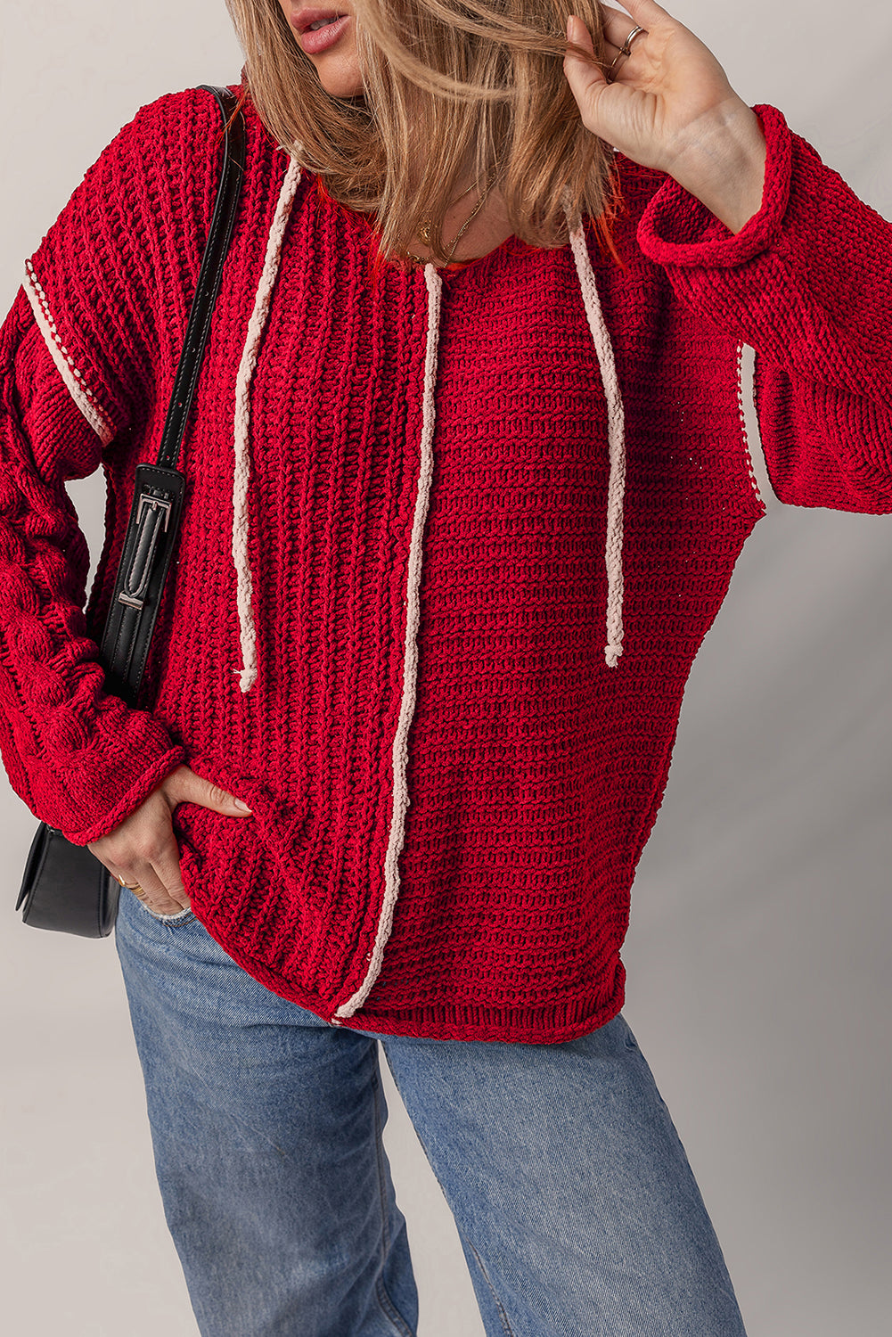Racing Red Color Contrast Trim Textured Knit Drawstring Hooded Sweater