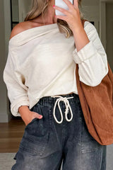 Beige Solid Color Waffle Knit Asymmetric Neck Long Sleeve Top