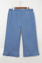 Light Blue Ruffle Hem Wide Leg Full Length Plus Size Jeans
