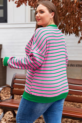Pink Stripe Waffle Knit Crew Neck Plus Size Sweatshirt