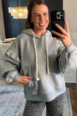 Gray Solid Ruffle Pocket Drawstring Long Sleeve Hoodie