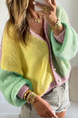 Yellow V Neck Drop Shoulder Patchwork Regular Wash Knitwear Cardigan