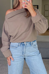 Beige Solid Color Waffle Knit Asymmetric Neck Long Sleeve Top