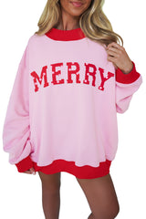 Pink Polka Dot Letter Graphic Colorblock Tunic Sweatshirt