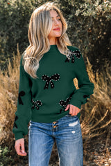 Smoke Gray Pearl Embellished Bow Pattern Loose Sweater