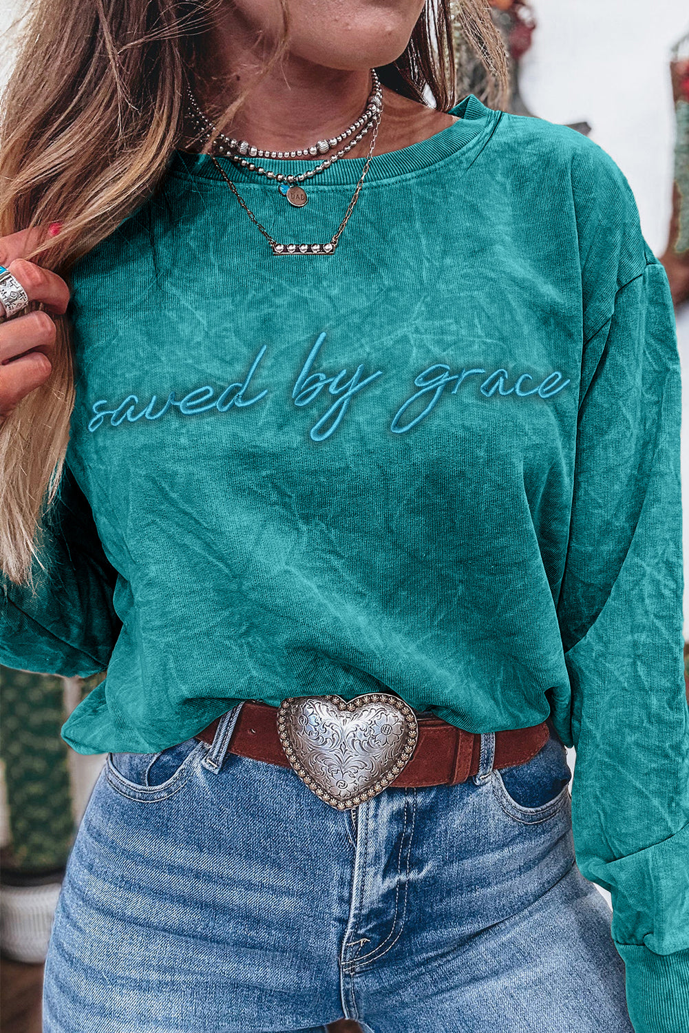 Sea Green  saved by grace Letter Embroidery Mineral Wash Loose Sweatshirt