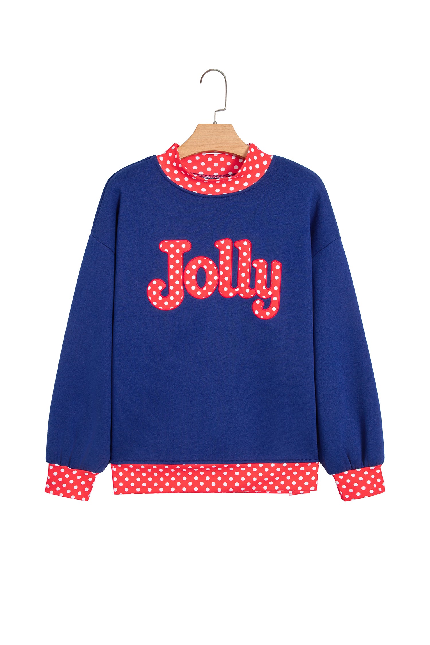 Sail Blue Polka Dot Letter Print Contrast Trim Mock Neck Sweatshirt