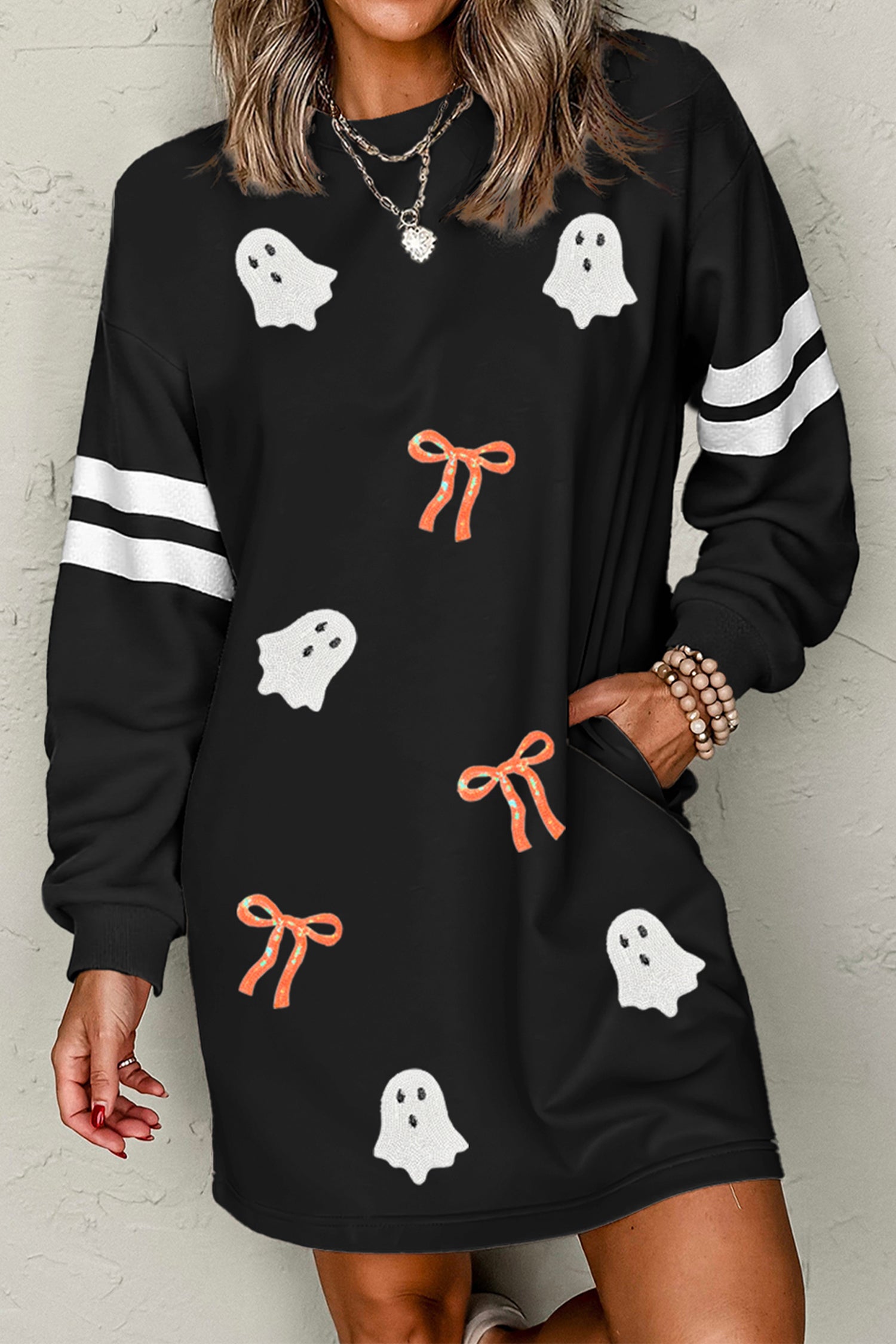 Black Sequin Ghost Graphic Varsity Striped Sleeve Halloween Sweatshirt Dress