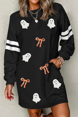 Black Sequin Ghost Graphic Varsity Striped Sleeve Halloween Sweatshirt Dress