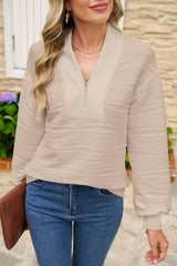 Parchment Solid Color Zipper V Neck Pullover Sweatshirt