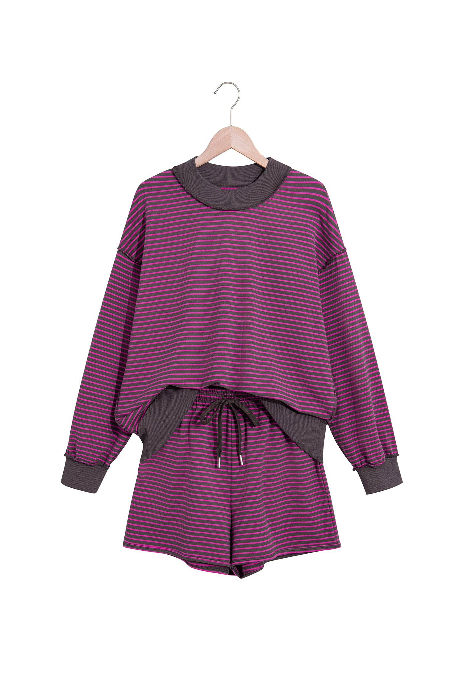 Blue Stripe Ribbed Patchwork Mock Neck Baggy Pullover Matching Shorts Set