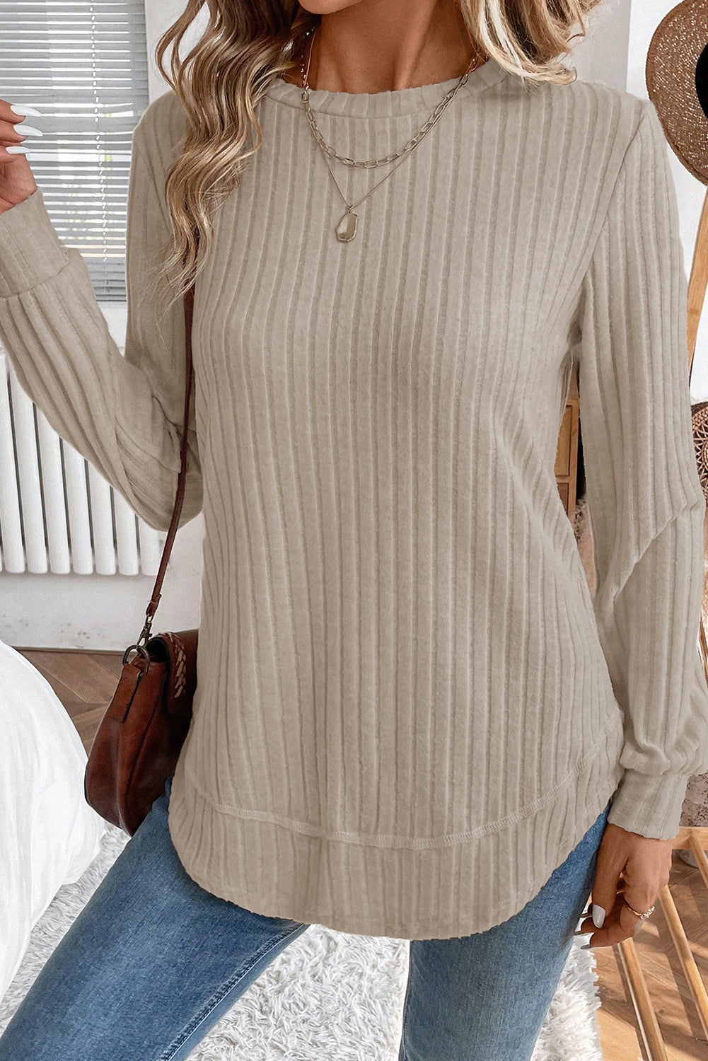 White Ribbed Texture Round Neck Long Sleeve Rounded Hem Top