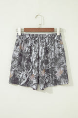 Gray Abstract Maple Leaf Printed Tie Elastic Waist Shorts