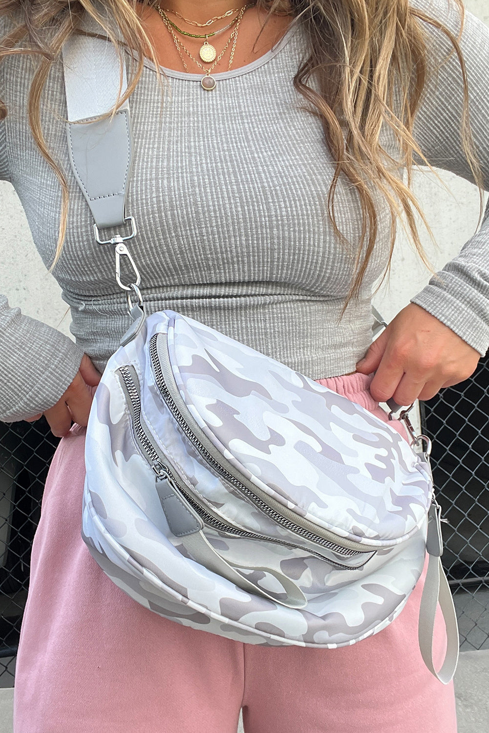 Light Grey Camouflage Print Double Zip Fashion Crossbody Bag