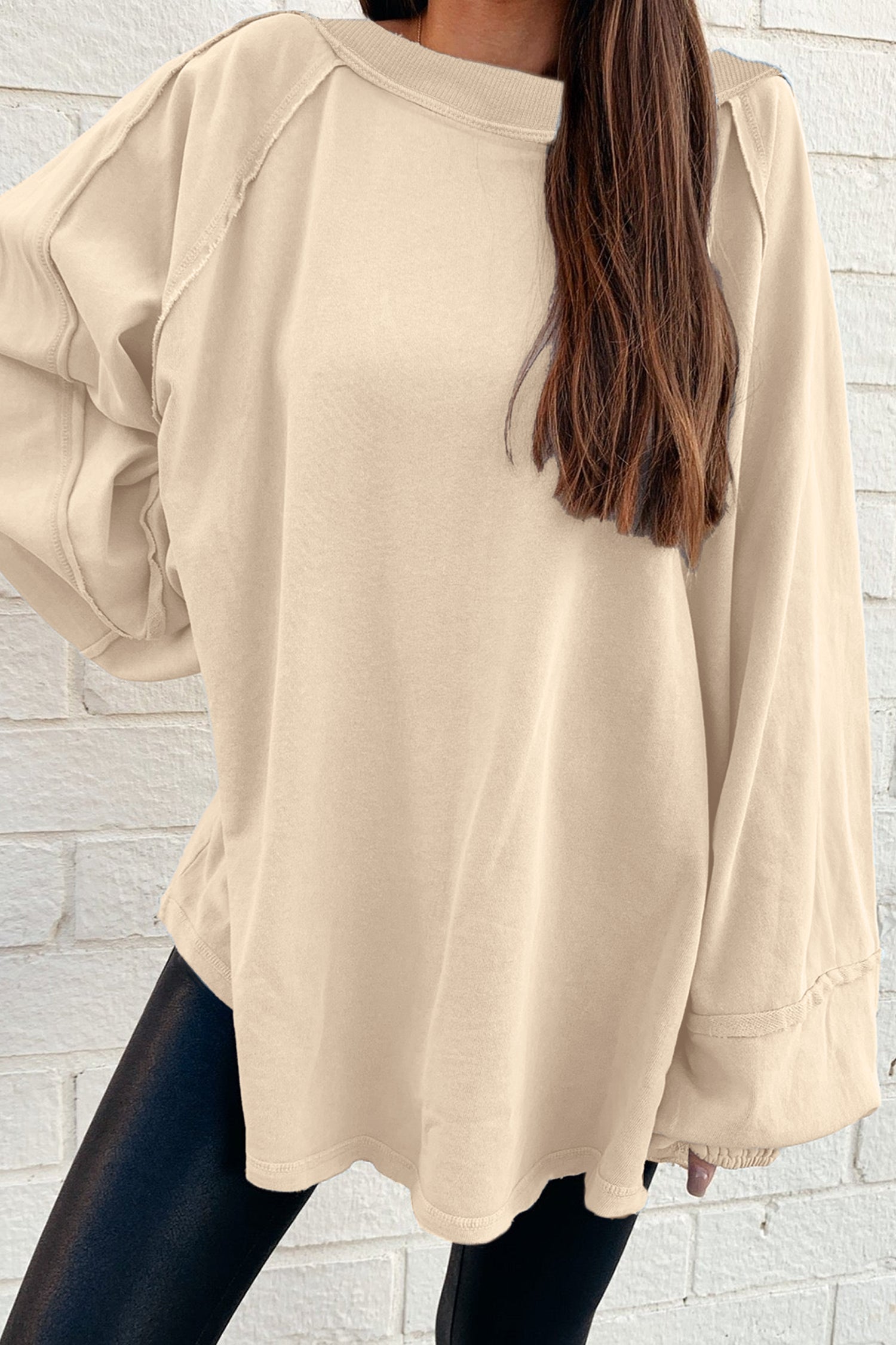 Orchid Petal Solid Color Raw Seam Patchwork Baggy Sweatshirt
