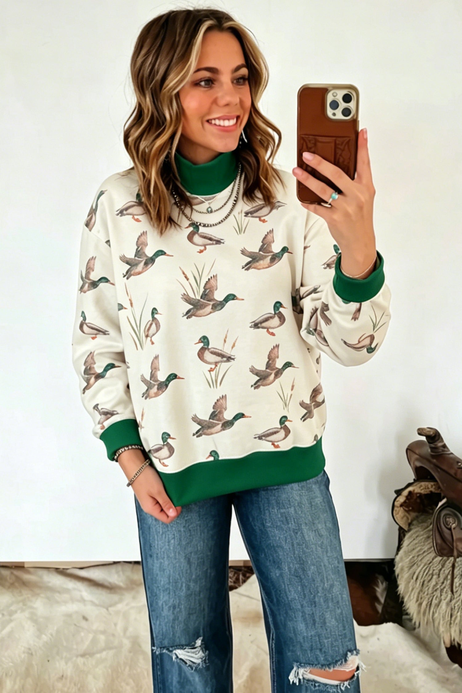Multicolour Mallard Print Patchwork Colorblock High Neck Sweatshirt
