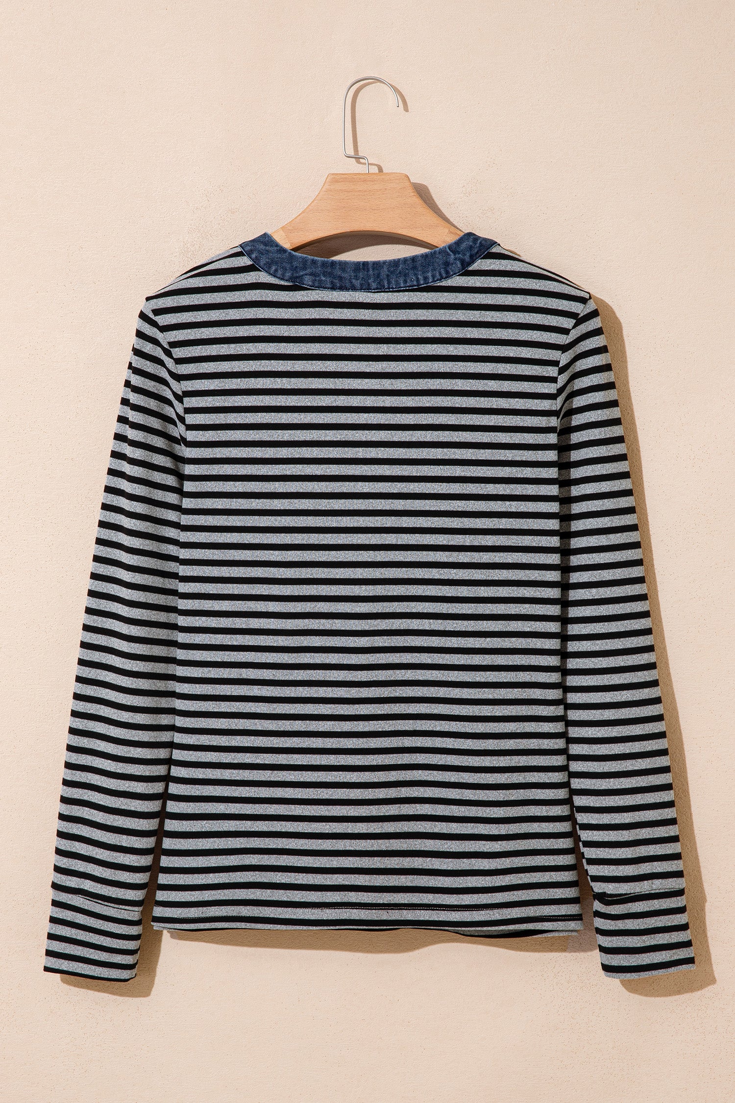Gray Stripe Denim Contrast Collar Half Button Long Sleeve Top