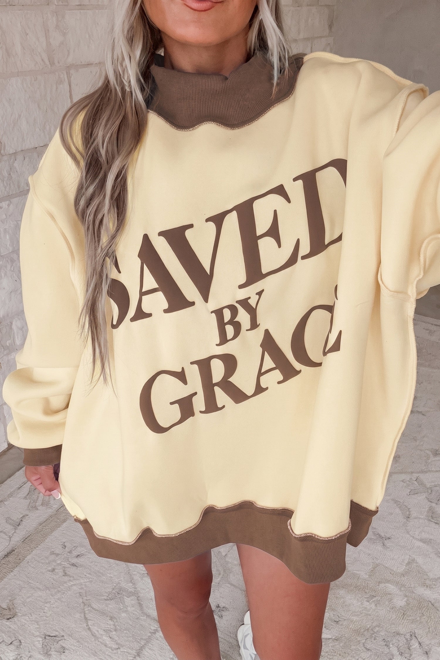 Beige Saved By Grace Print Color Block Mock Neck Oversized Sweatshirt