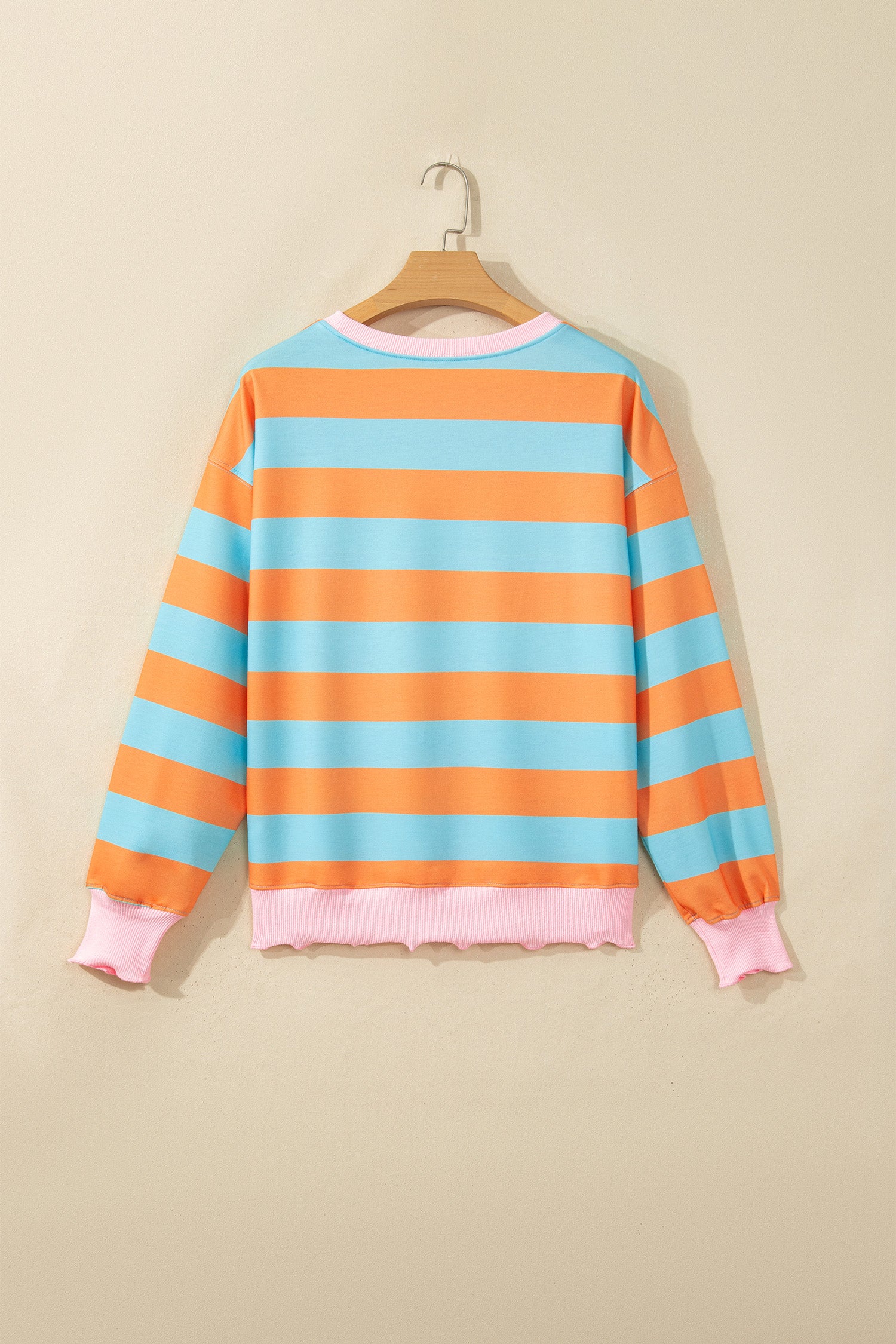 Orange Stripe Ribbed Color Block Trim Round Neck Long Sleeve Shift Top