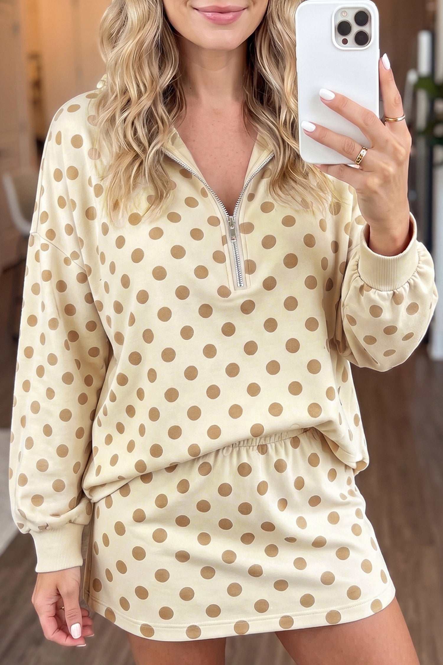 Orange Polka Dot Hooded Long Sleeve Top Casual Mini Skort Set