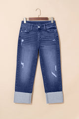 Real Teal Folded Cuffs Distressed Straight High Waist Jeans