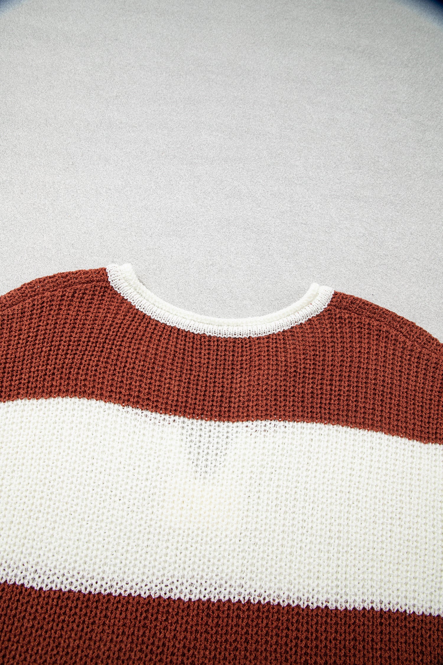Brown Stripe Striped Colorblock Knit V Neck Short Sleeve Loose Sweater