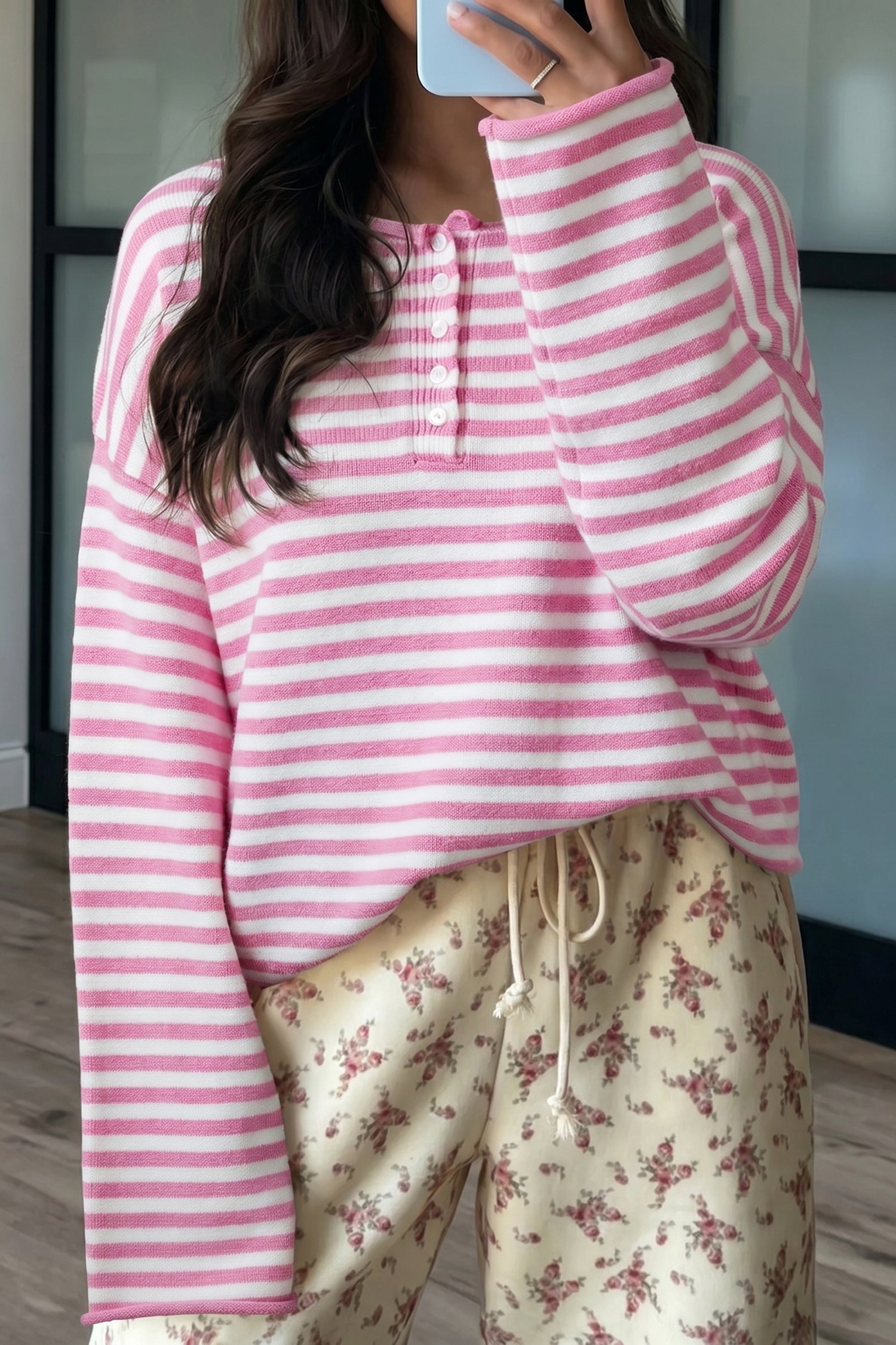 Green Stripe Striped Button Placket Drop Shoulder Long Sleeve Sweater
