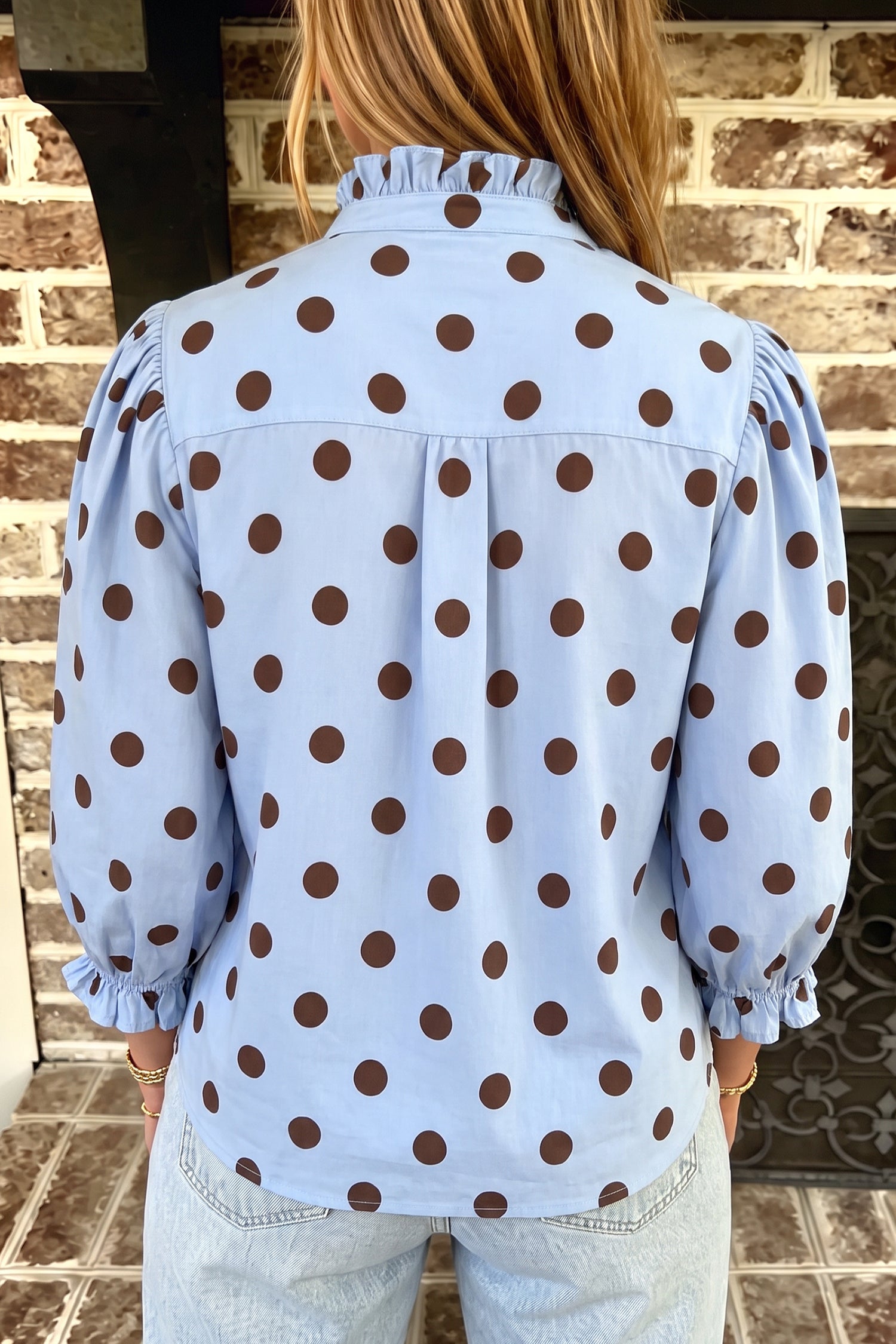 Black white Polka Dot Striped Print Ruffle Stand Neck 3/4 Sleeve Shift Shirt