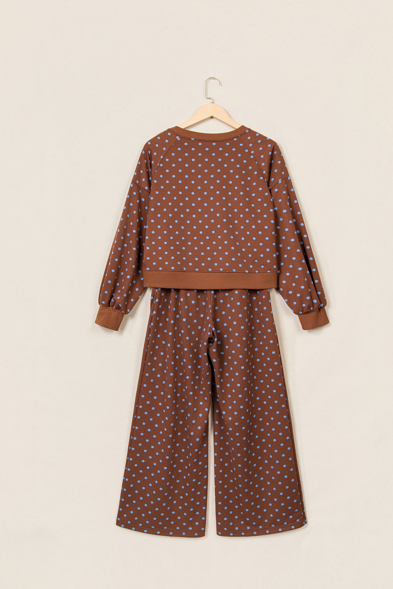 Brown Polka Dot Drawstring Wide Leg Long Sleeve Top Pant Set