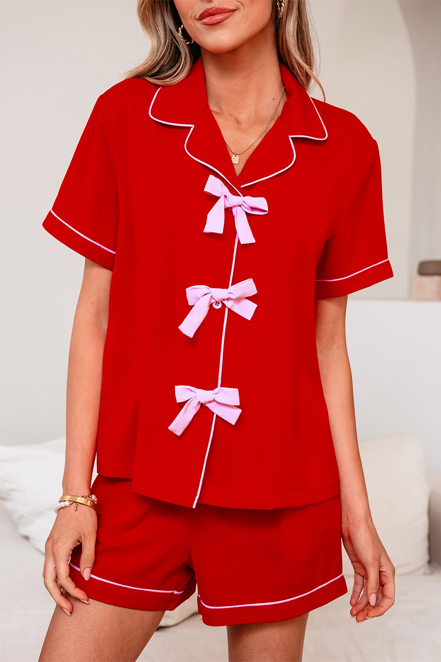 Fiery Red Contrast Trim Ribbon Bow Short Silky 2pcs Pajama Set
