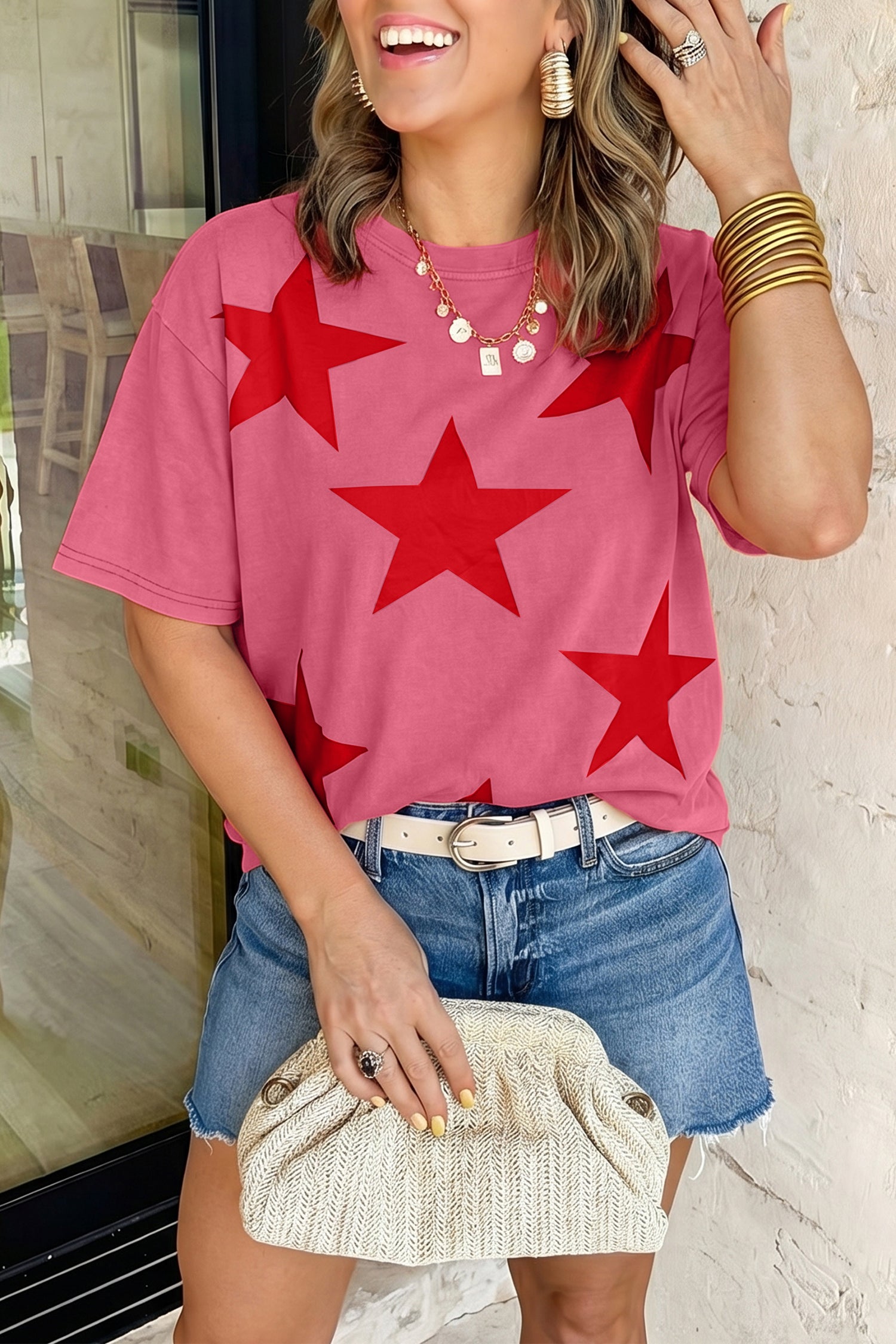 Blue Independence Day Star Printed Mineral Wash T Shirt