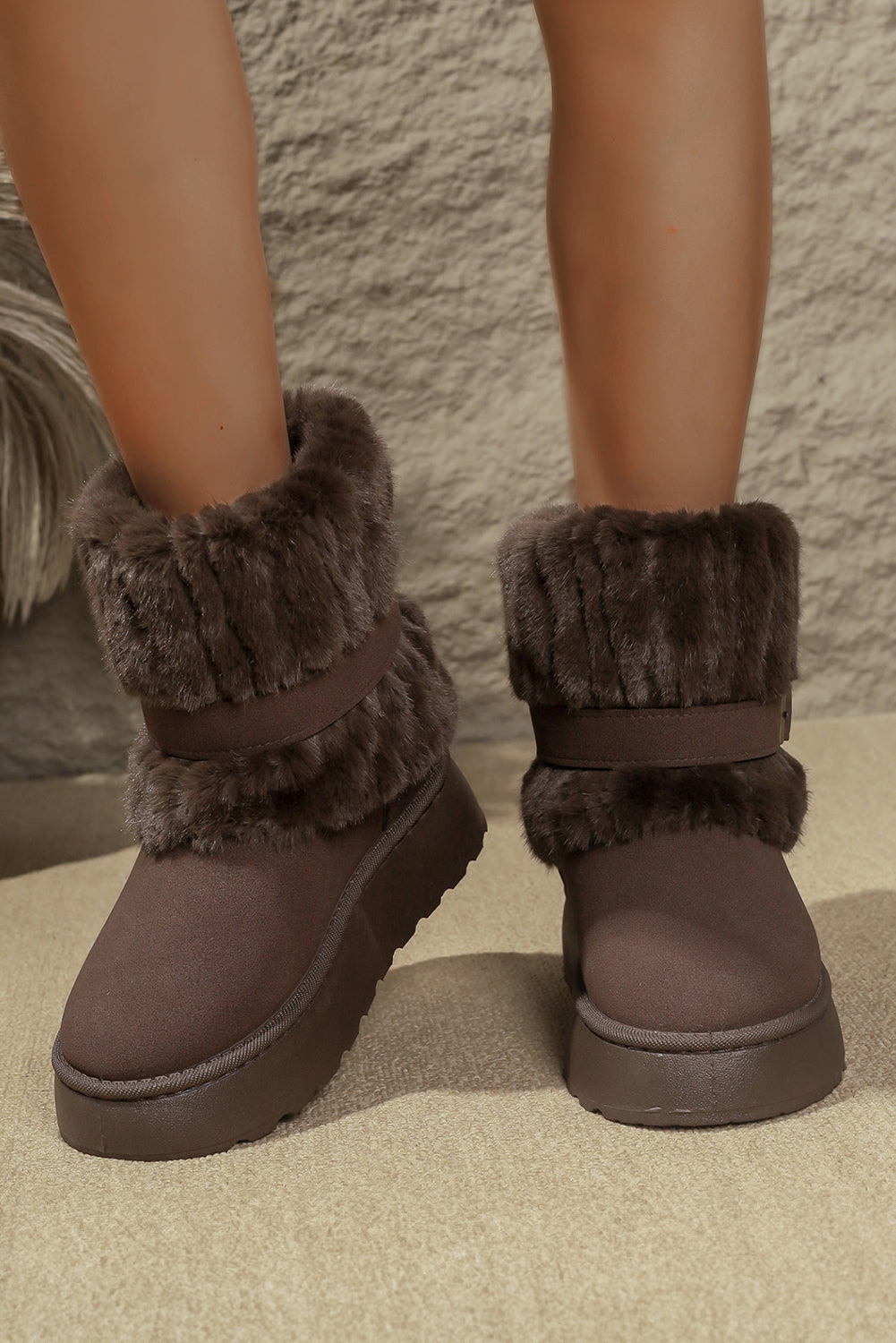 Dark Brown Faux Fur Plush Winter Snow Boots