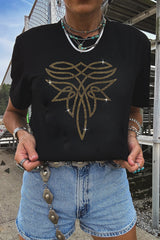Black Rhinestone Western Pattern Cotton Blend Graphic T Shirt