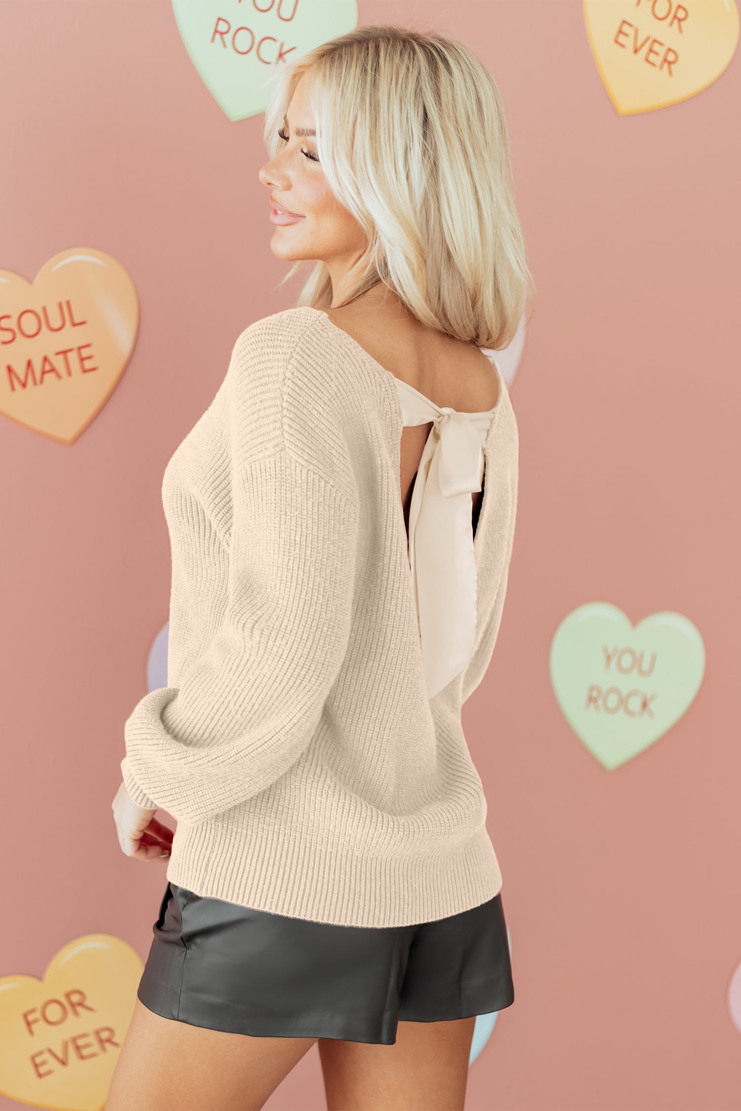 Black Ribbed Knit Ribbon Knot Backless Drop Shoulder Sweater