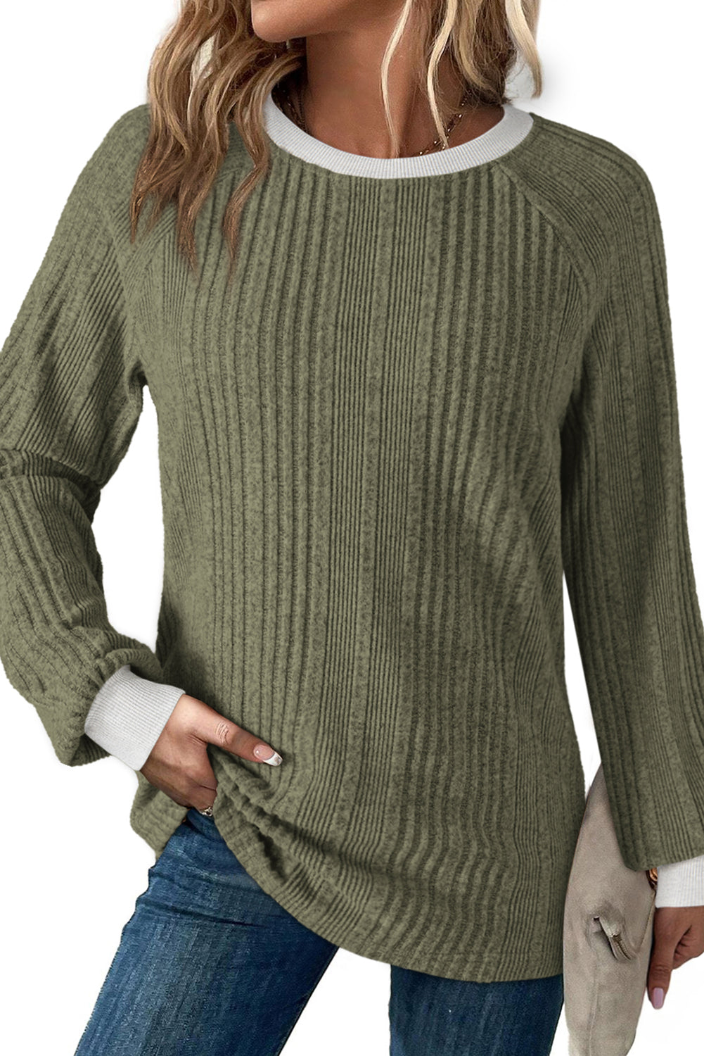 Moss Green Rib Texture Contrast Trim Round Neck Long Sleeve Top