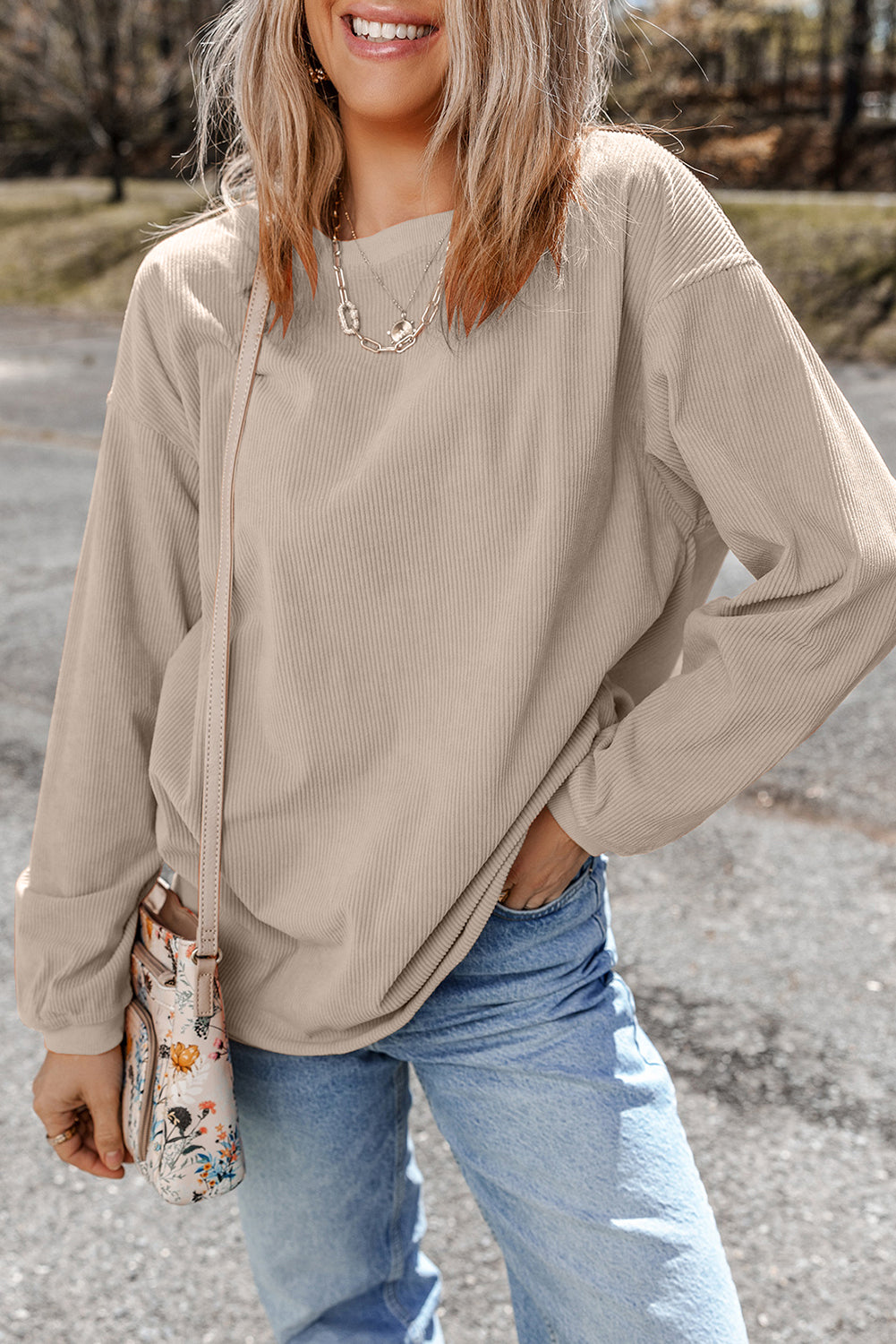 Festival Fuchsia Plain Drop Sleeve Rib Knit Oversized Sweatshirt