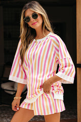 Pink Stripe Drop Shoulder Half Sleeve Loose Tee and Shorts Casual Set
